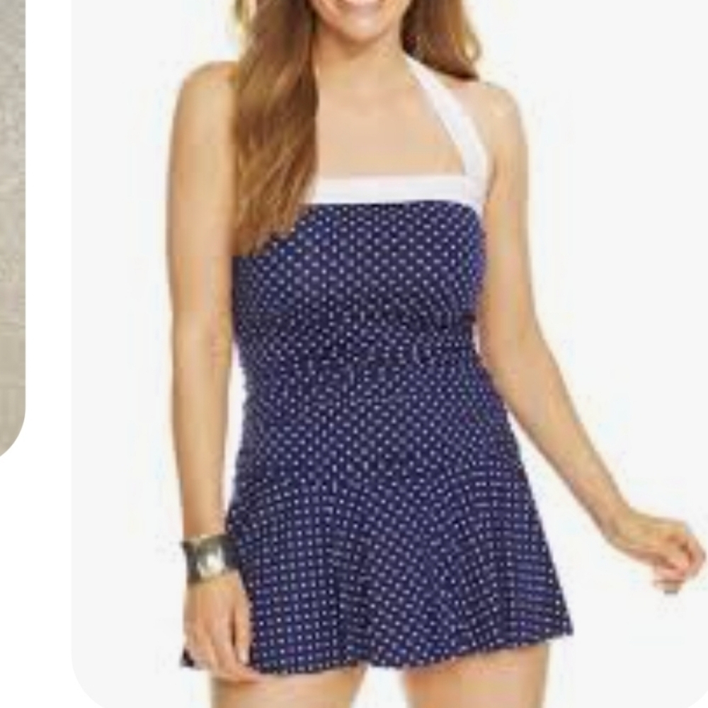 Ralph Lauren Navy & White Polka Dot One-Piece Swim Dress Retro Pin Up Halter 20W